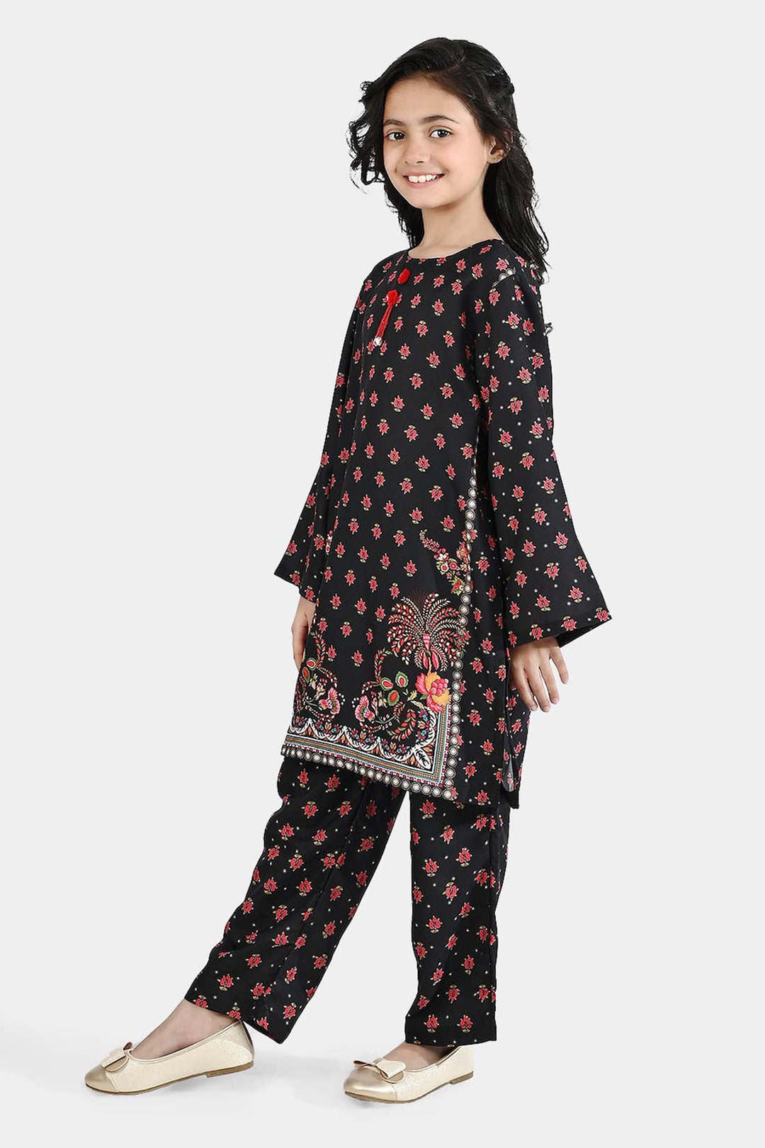 Girls Poly Mesh Printed 2Pcs - Black