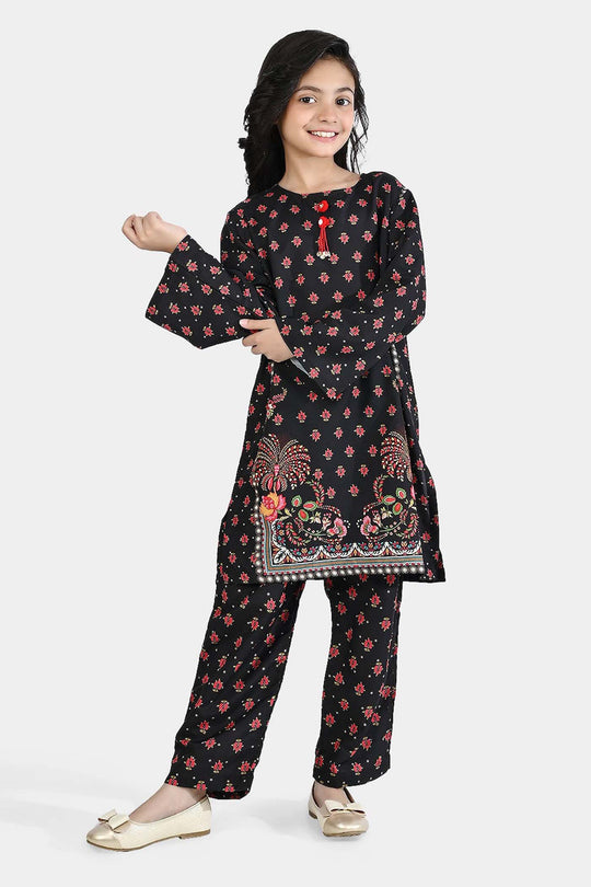 Girls Poly Mesh Printed 2Pcs - Black