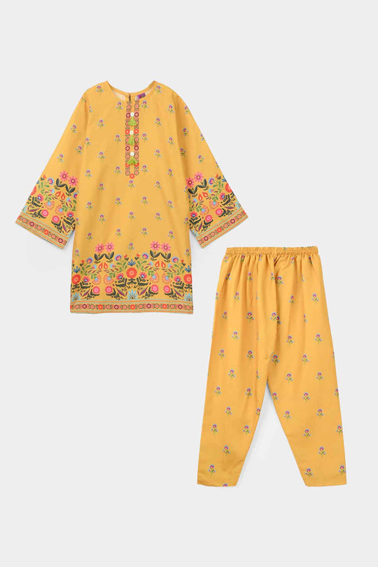 Girls Poly Mesh Printed 2 Pcs Sunny-Mustard