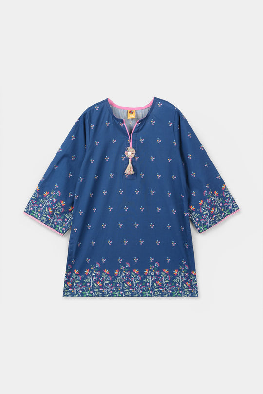 Girls Cotton Poplin Printed Floral Kurti - Blue