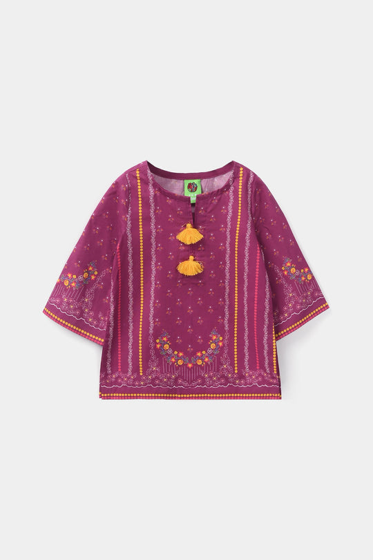 Infant Girls Cotton Poplin Printed Kurti - Plum/Purple