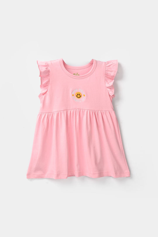 Infant Girls Cotton Jersey Knitted Frock - Pink