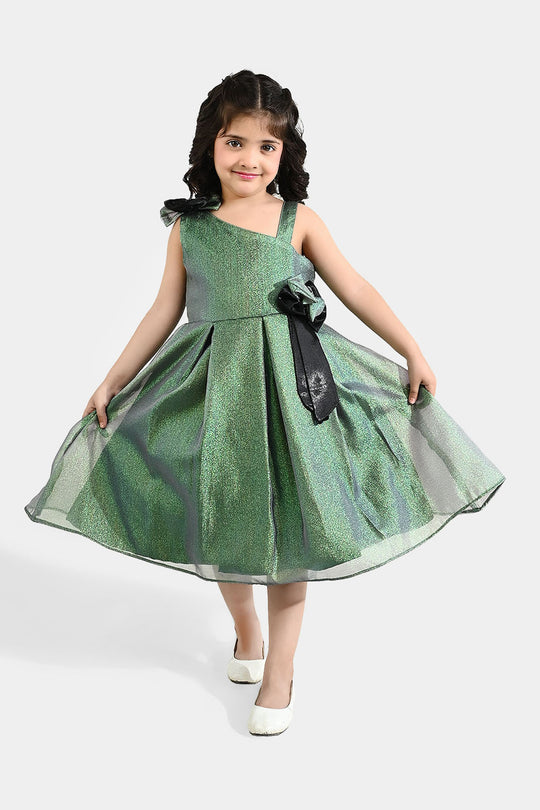 Girls Organza Fancy Frock (Bow) - Green