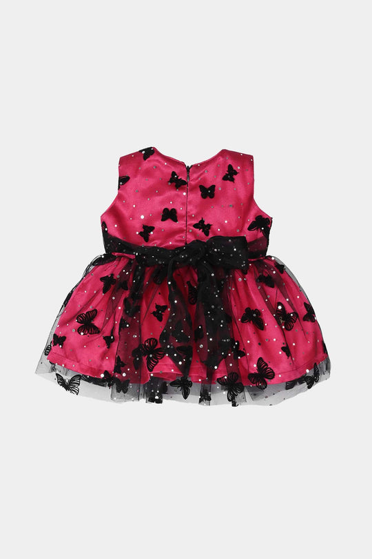 Infant Girls Net Fancy Frock-3D - Pink/Black