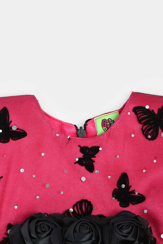 Infant Girls Net Fancy Frock-3D - Pink/Black