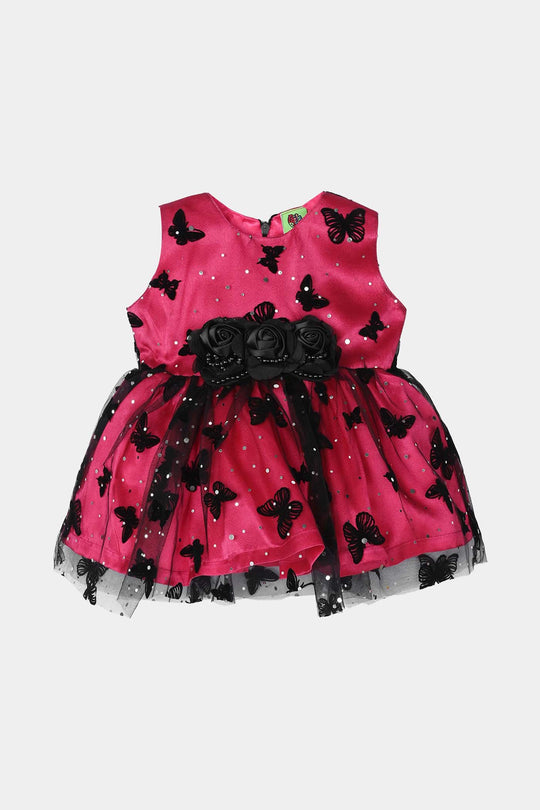 Infant Girls Net Fancy Frock-3D - Pink/Black
