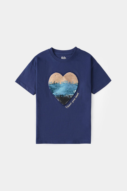 Girls Jersey/Terry T-Shirt - Navy Blue