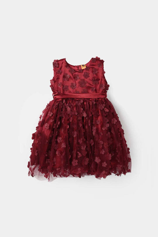 Girls Net Fancy Frock Dancing Flower-MAROON