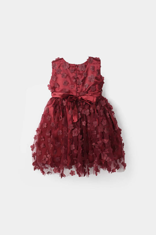 Girls Net Fancy Frock Dancing Flower-MAROON