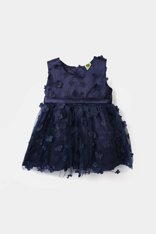 Infant Girls Net Fancy Frock (Flower) - Navy