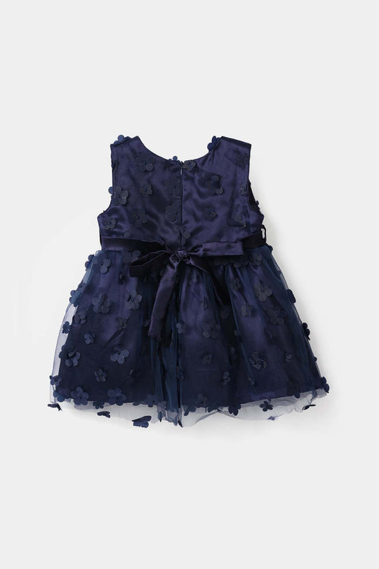 Infant Girls Net Fancy Frock (Flower) - Navy