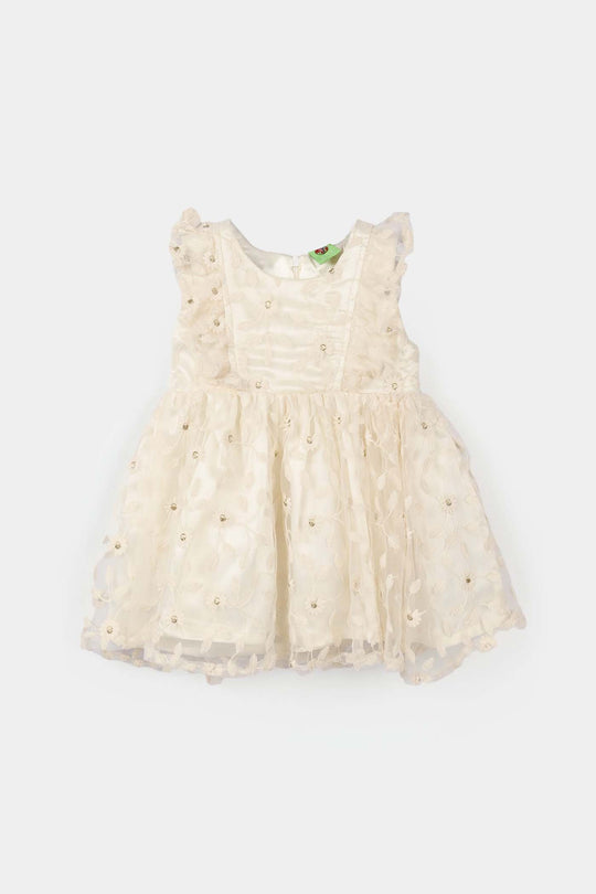 Infant Girls Net Fancy Frock (Little Flower) – Off-White