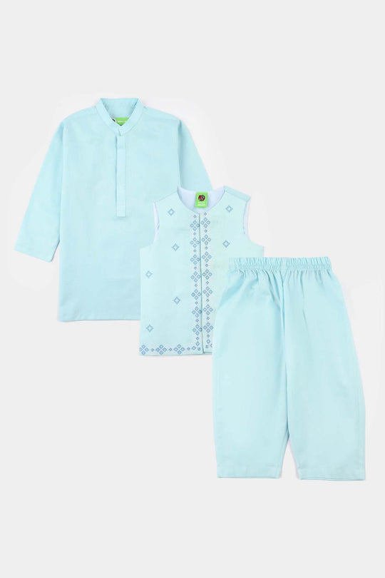 Infant Boys Cotton Poplin 3-Piece Suit (Cross Stitch) - Light Blue