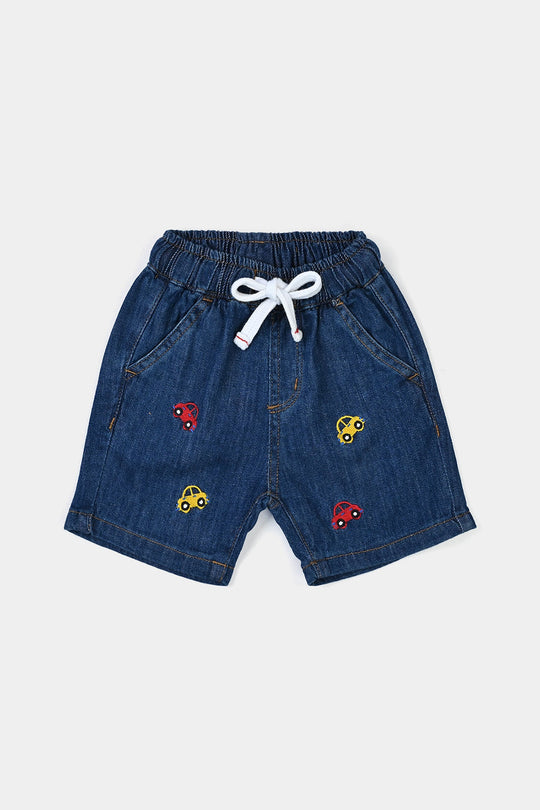 Infant Boys Denim Rigid Shorts Embroidered Cars - Mid Blue