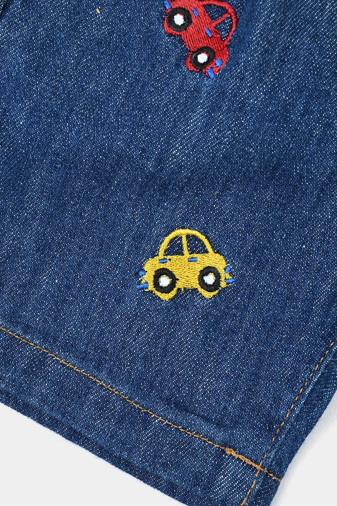 Infant Boys Denim Rigid Shorts Embroidered Cars - Mid Blue
