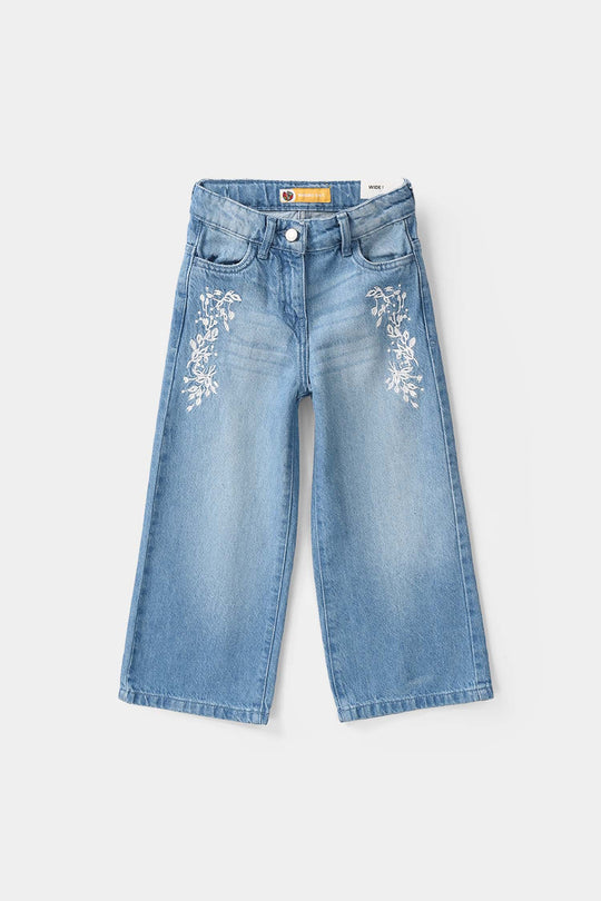 Girls Denim Viscose Pants Leafs - Mid Blue