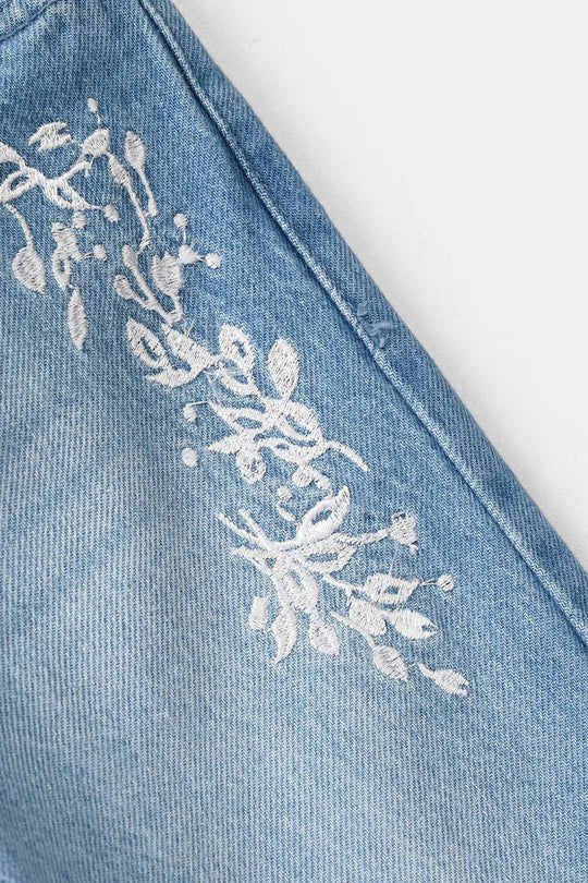 Girls Denim Viscose Pants Leafs - Mid Blue