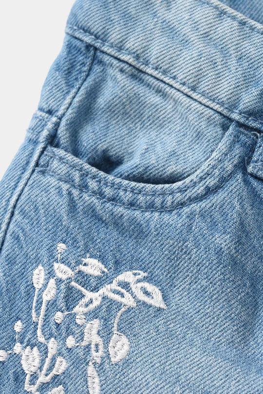 Girls Denim Viscose Pants Leafs - Mid Blue