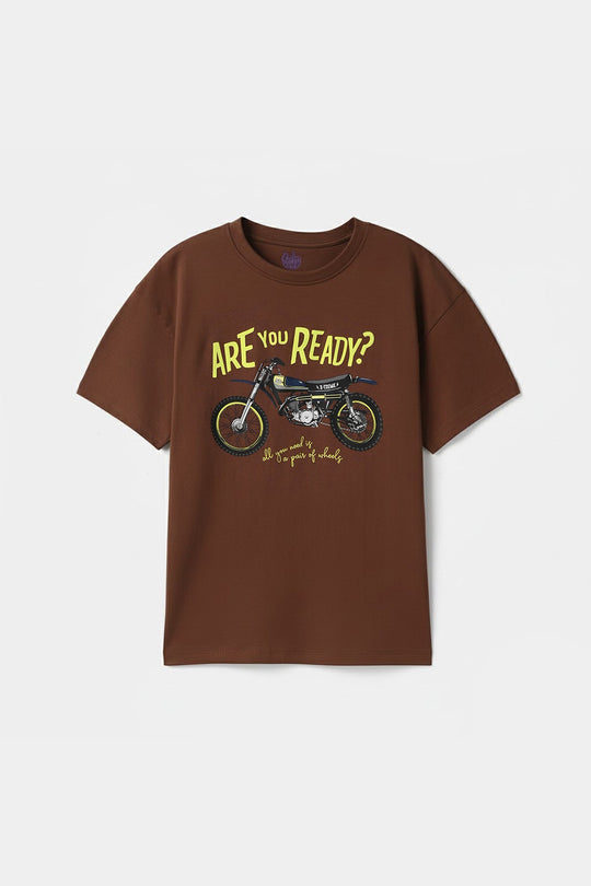 Boys Printed Cotton Jersey T-Shirt - Brown