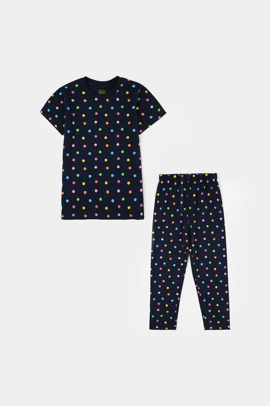 Girls PC Jersey Night Suit (Polka Dots) - Navy Blue