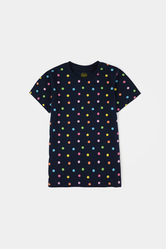 Girls PC Jersey Night Suit (Polka Dots) - Navy Blue