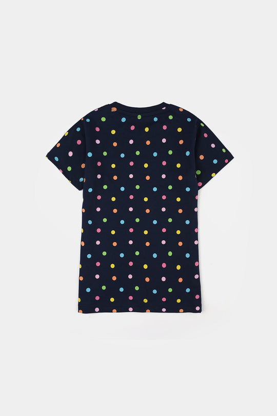 Girls PC Jersey Night Suit (Polka Dots) - Navy Blue