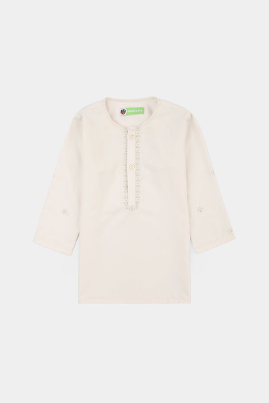 Infant Boys Poly Viscose Kurta Pajama (Flora Motif) - Off White