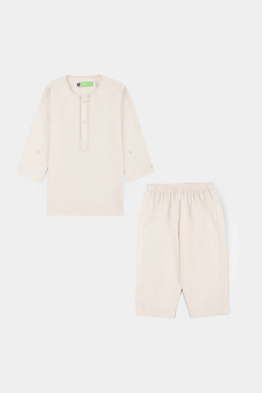 Infant Boys Poly Viscose Kurta Pajama (Flora Motif) - Off White
