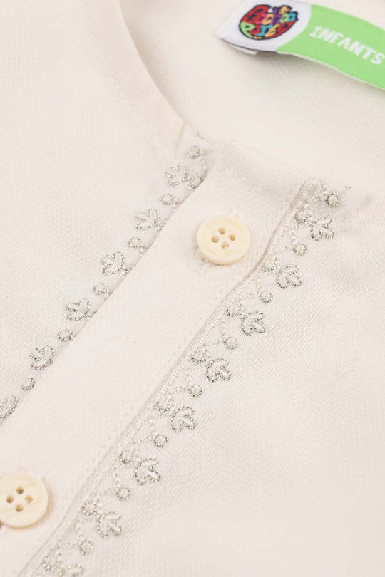 Infant Boys Poly Viscose Kurta Pajama (Flora Motif) - Off White