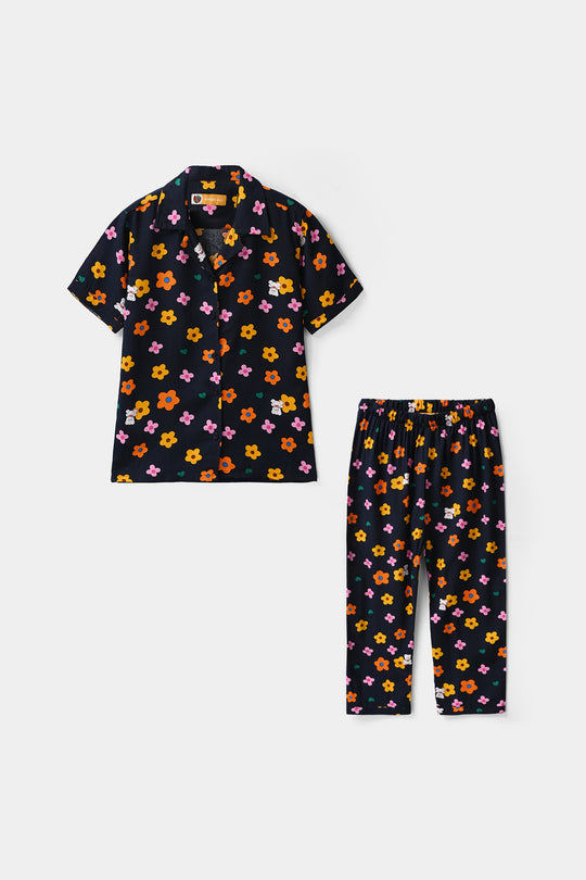 Girls Floral Print Viscose Nightwear Suit – Navy