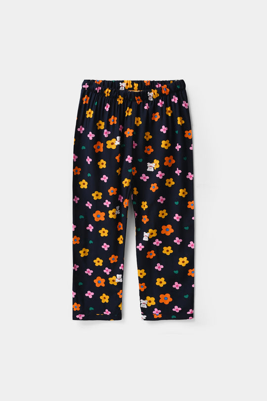 Girls Floral Print Viscose Nightwear Suit – Navy