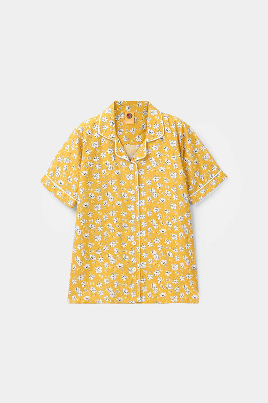 Girls Cotton Nightwear White Floral - Mustard