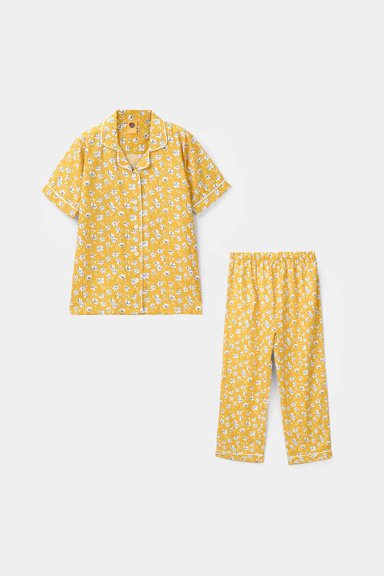 Girls Cotton Nightwear White Floral - Mustard
