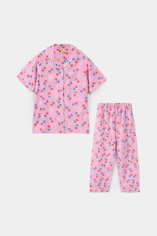 Girls Viscose Nightwear (Rabbit & Flower) - Pink