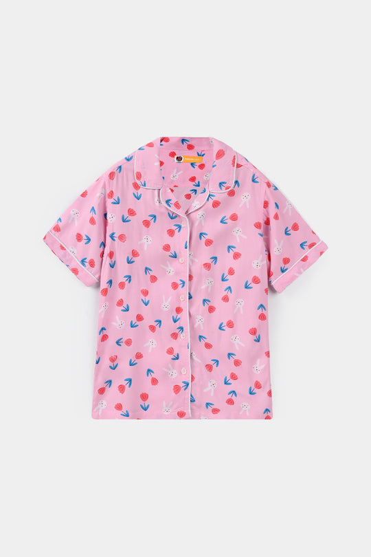 Girls Viscose Nightwear (Rabbit & Flower) - Pink
