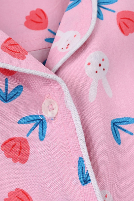 Girls Viscose Nightwear (Rabbit & Flower) - Pink