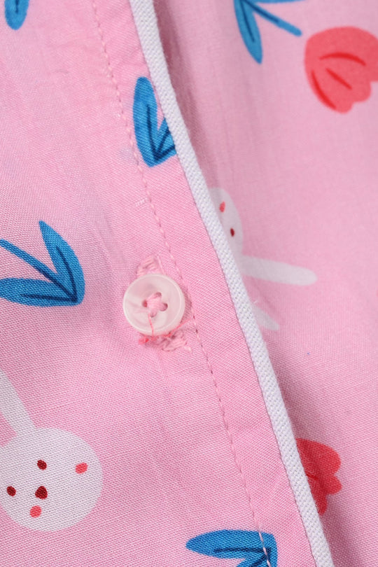 Girls Viscose Nightwear (Rabbit & Flower) - Pink