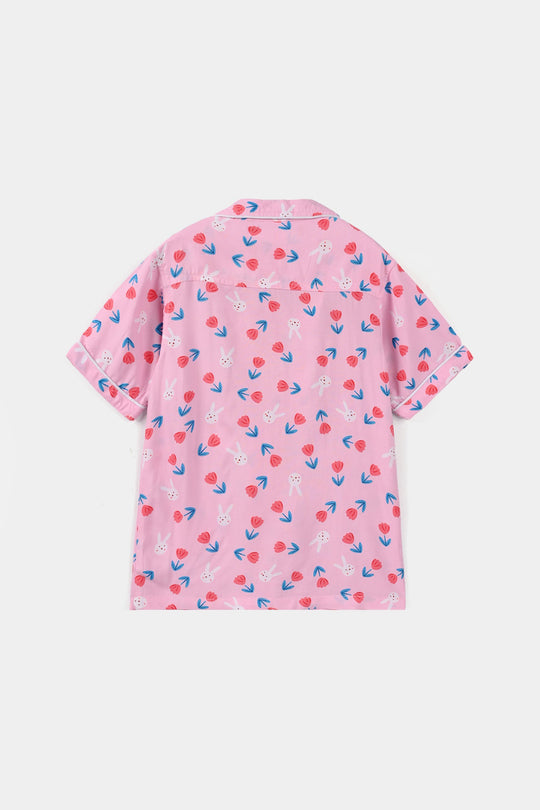 Girls Viscose Nightwear (Rabbit & Flower) - Pink