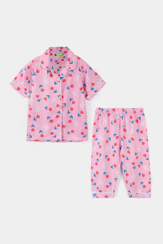 Infant Girls Viscose Nightwear (Rabbit & Flower) - Pink