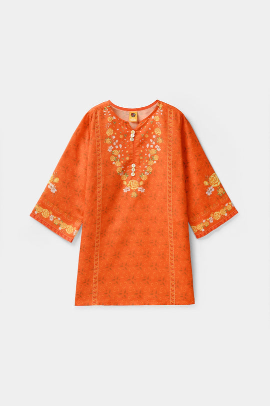 Girls Poly Cambric Printed Kurti - Orange