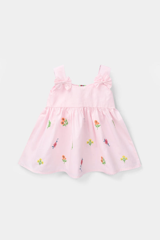 Infant Girls Cotton Embroidered Kurti (Butterfly) - Baby Pink