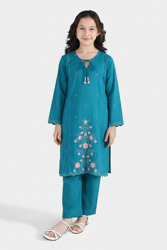 Girls Cotton Embroidery 2Pcs (Safa) - Turquoise
