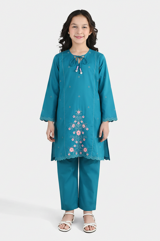 Girls Cotton Embroidery 2Pcs (Safa) - Turquoise