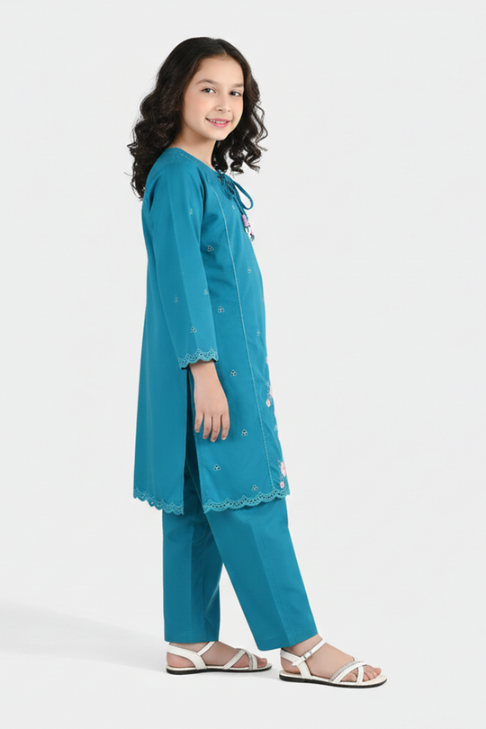 Girls Cotton Embroidery 2Pcs (Safa) - Turquoise
