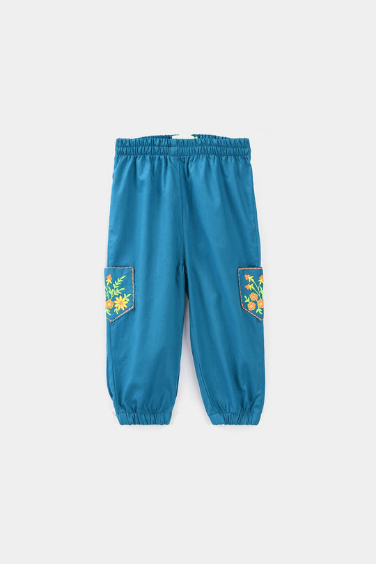 Infant Girls Cotton Embroidered 2Pcs Royal Blue - Turquoise