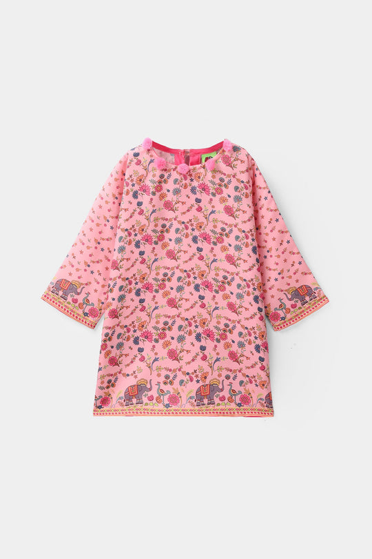 Infant Girls Poly Cambric Printed Kurti - Pink