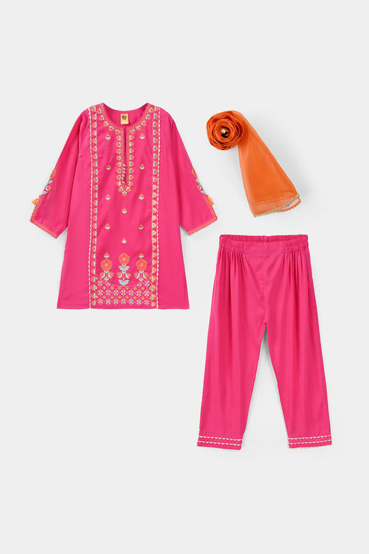 Girls Poly Cambric 3Pcs (Rangeen) – Shocking Pink