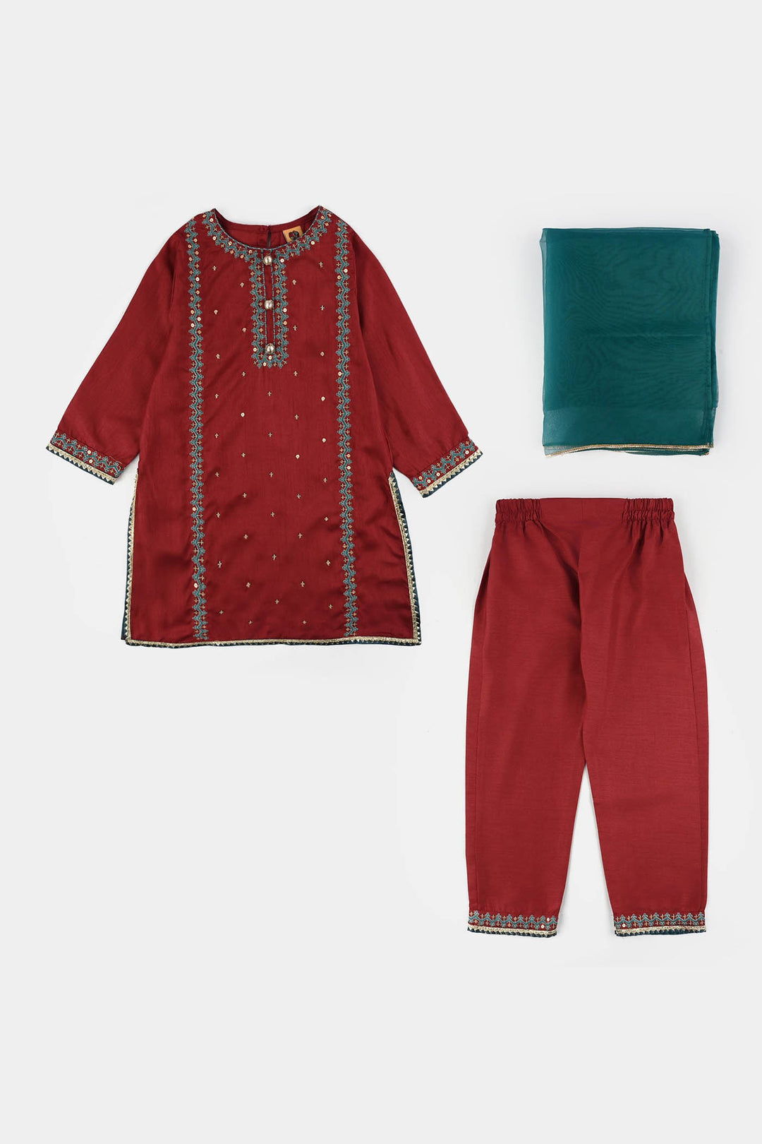 Girls Raw Silk 3 Pcs (Naqsh) - Red