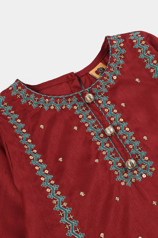 Girls Raw Silk 3 Pcs (Naqsh) - Red