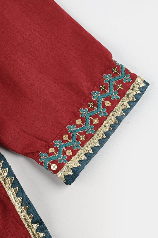 Girls Raw Silk 3 Pcs (Naqsh) - Red